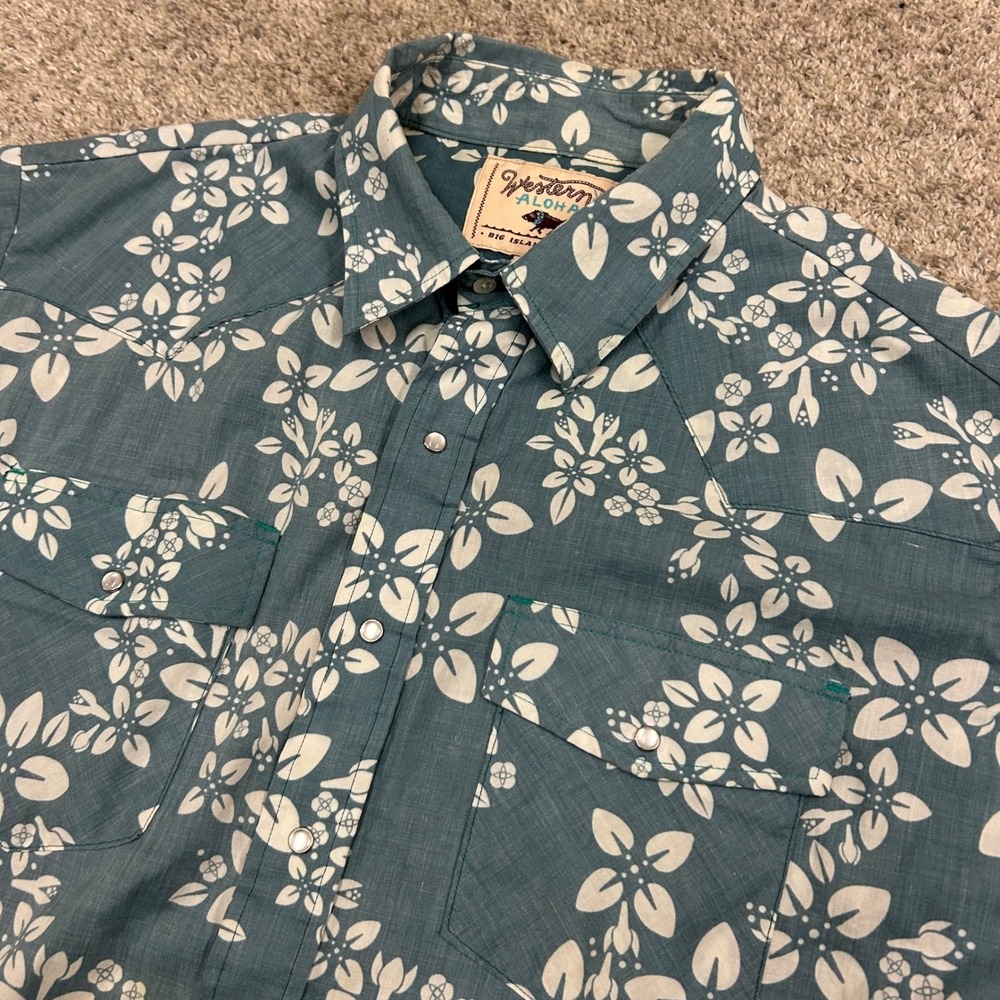 Western Aloha Shirt XXL Blue Floral Pearl Snap Short Sleeve Western Yoke